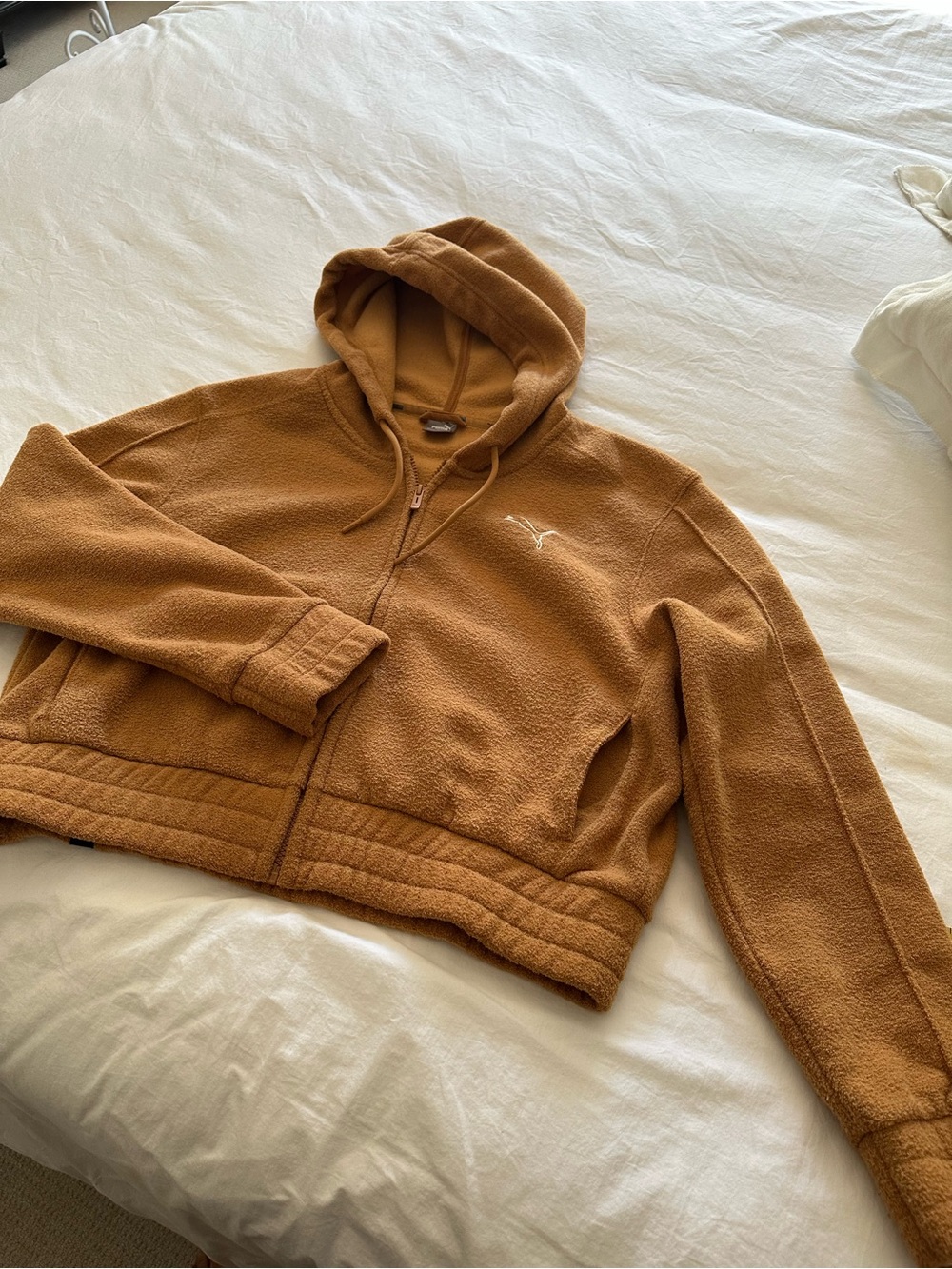 Puma women’s tan zip-up cropped terrycloth hoodie jacket, size large - Picture 9 of 12